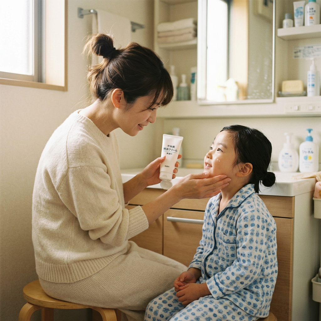 Mother applying moisturizing cream to young girl’s cheeks in bathroom